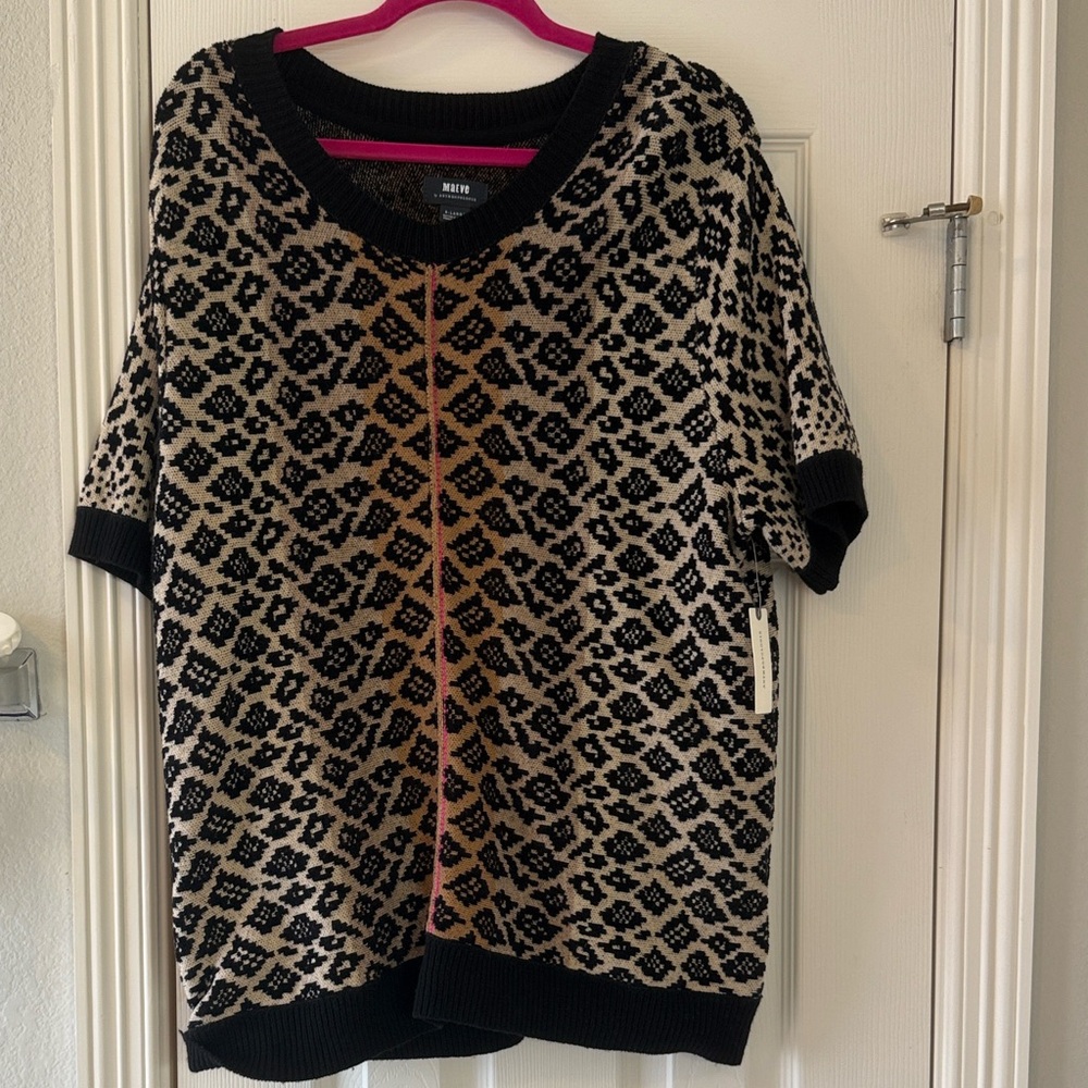 Maeve Black and Cream Patterned Short-Sleeve Crewneck Sweater